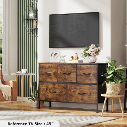 Wide Dresser for Bedroom, 5 Drawer Chest of Drawers, Dark Grey