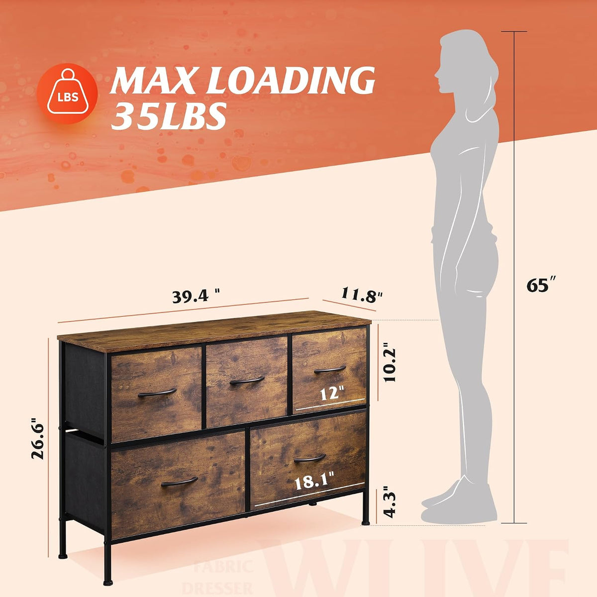 Wide Dresser for Bedroom, 5 Drawer Chest of Drawers, Dark Grey