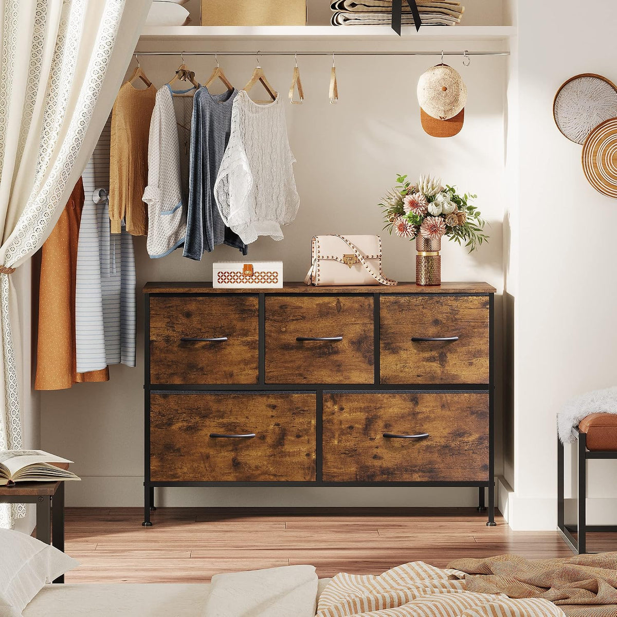 Wide Dresser for Bedroom, 5 Drawer Chest of Drawers, Dark Grey