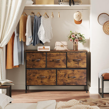 Wide Dresser for Bedroom, 5 Drawer Chest of Drawers, Dark Grey