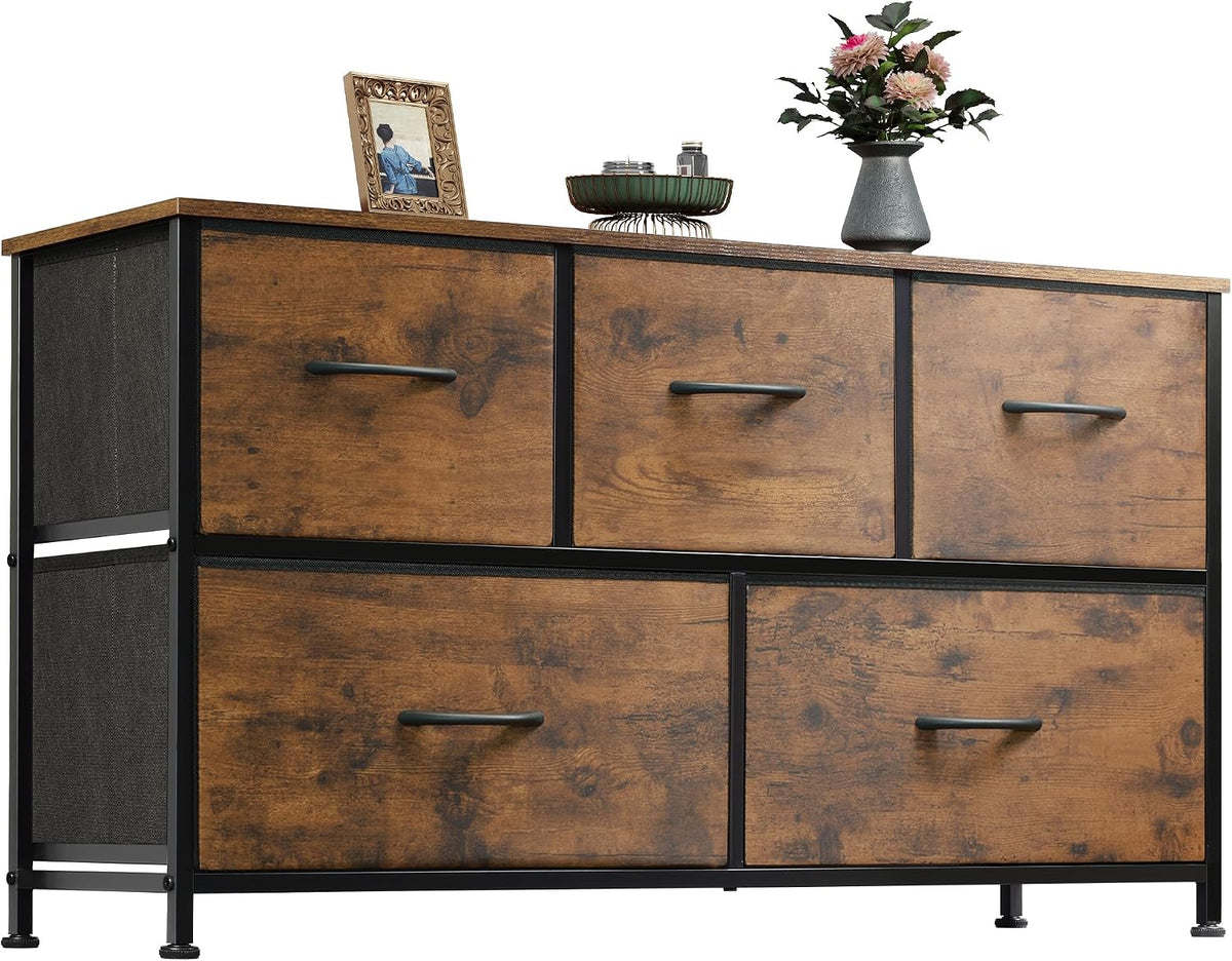 Wide Dresser for Bedroom, 5 Drawer Chest of Drawers, Dark Grey