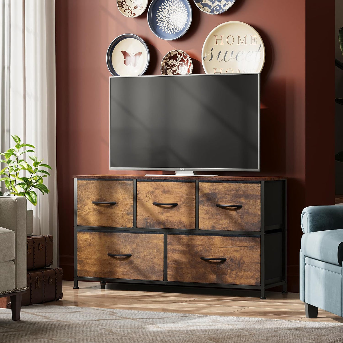 Wide Dresser for Bedroom, 5 Drawer Chest of Drawers, Dark Grey