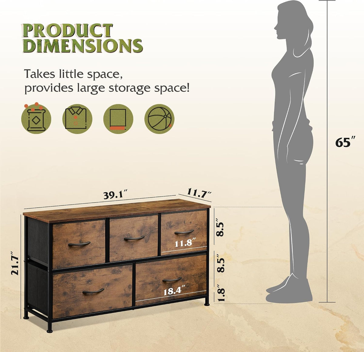 Wide Dresser for Bedroom, 5 Drawer Chest of Drawers, Dark Grey