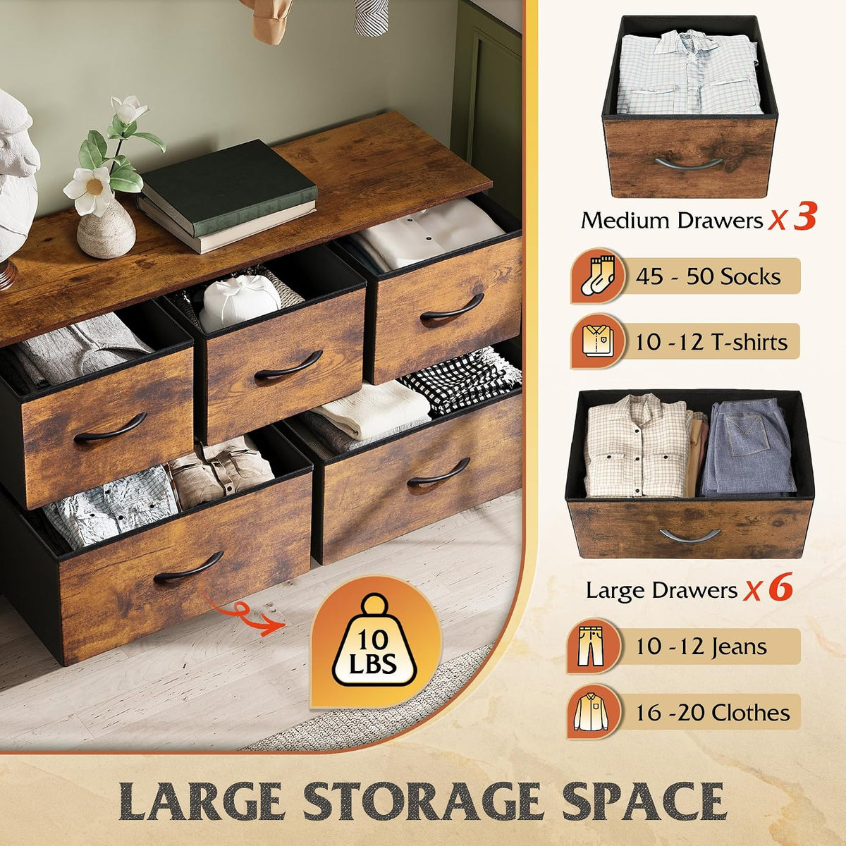 Wide Dresser for Bedroom, 5 Drawer Chest of Drawers, Dark Grey