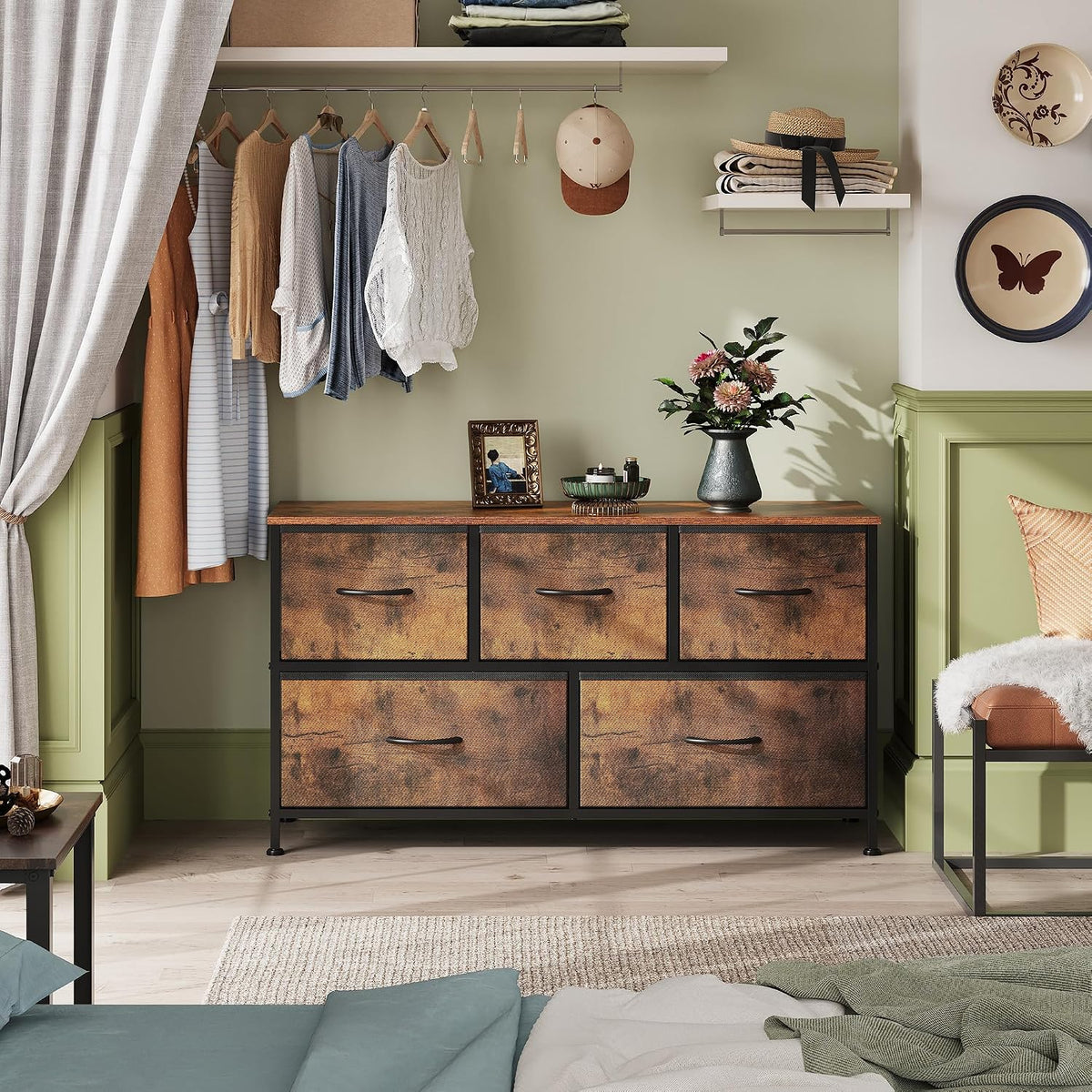 Wide Dresser for Bedroom, 5 Drawer Chest of Drawers, Dark Grey