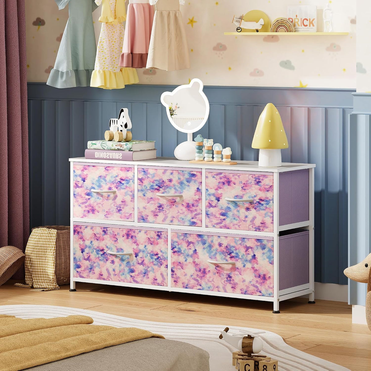 Wide Dresser for Bedroom, 5 Drawer Chest of Drawers, Dark Grey