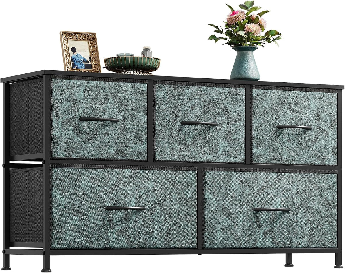 Wide Dresser for Bedroom, 5 Drawer Chest of Drawers, Dark Grey