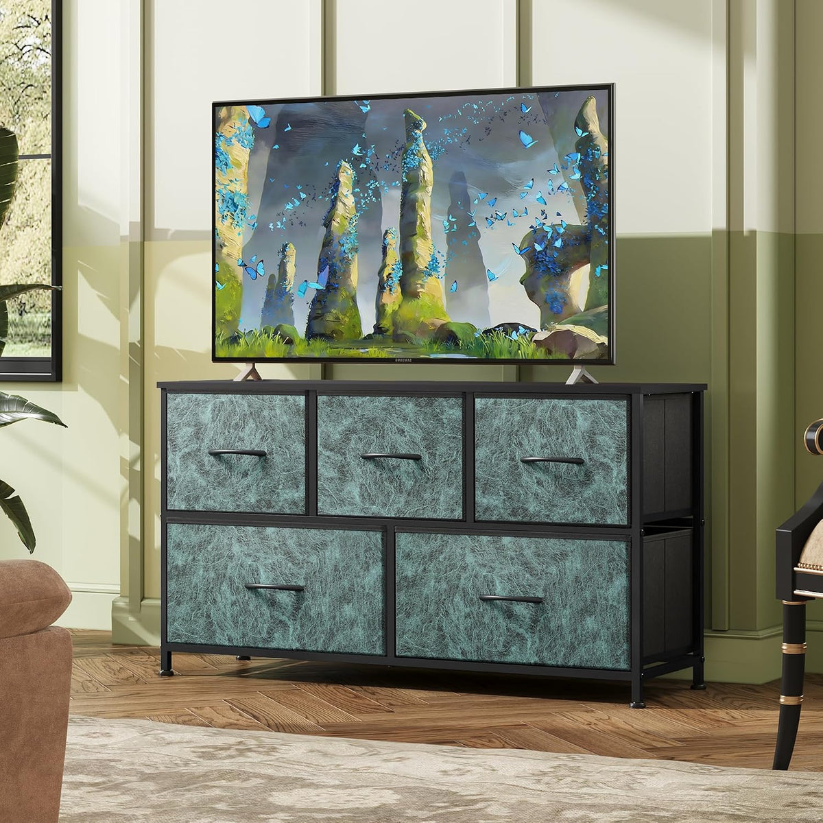 Wide Dresser for Bedroom, 5 Drawer Chest of Drawers, Dark Grey