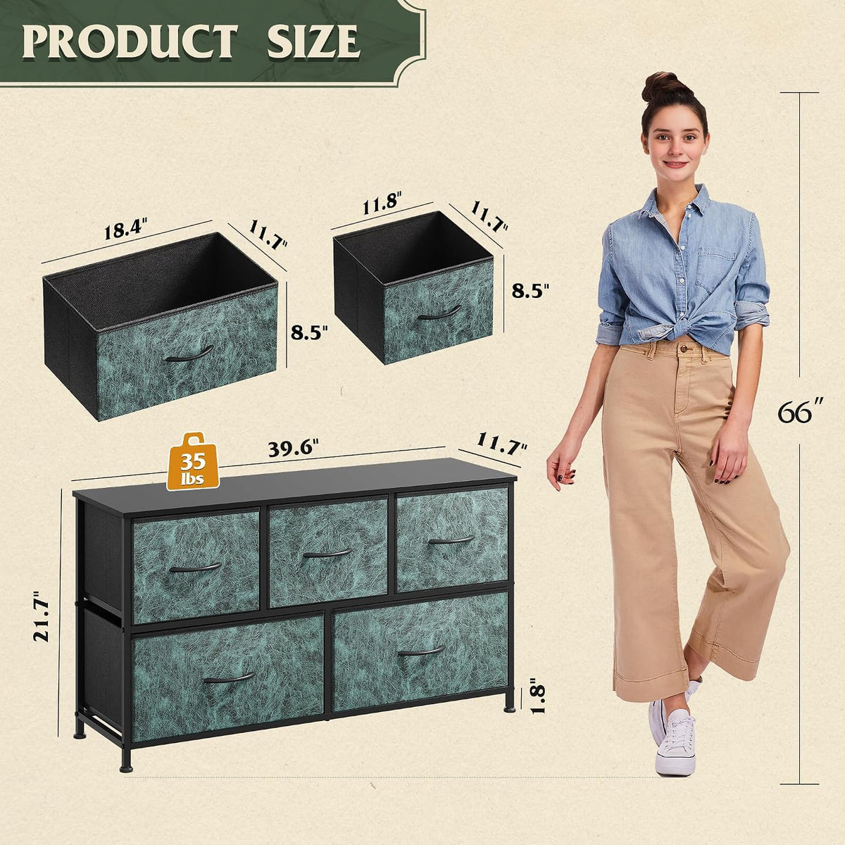 Wide Dresser for Bedroom, 5 Drawer Chest of Drawers, Dark Grey