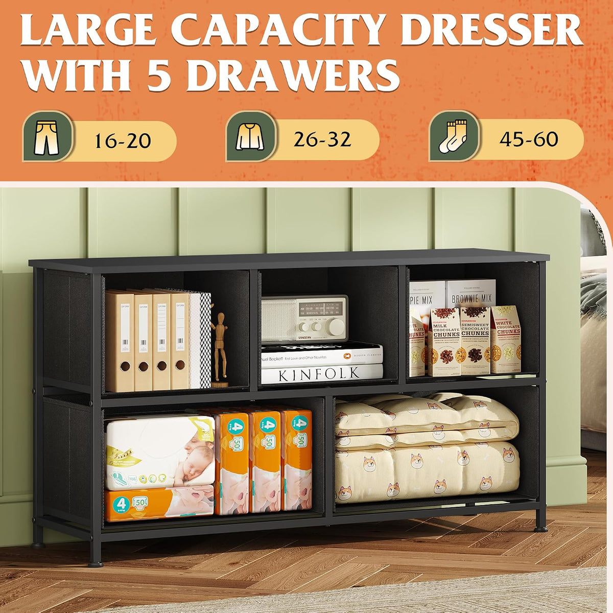 Wide Dresser for Bedroom, 5 Drawer Chest of Drawers, Dark Grey