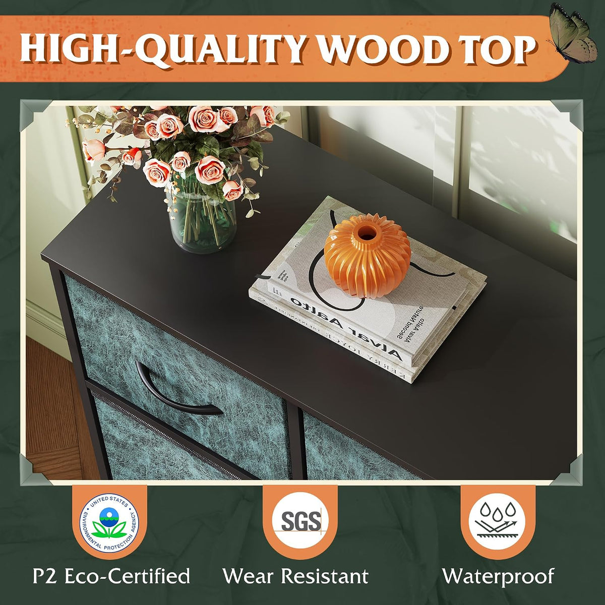 Wide Dresser for Bedroom, 5 Drawer Chest of Drawers, Dark Grey