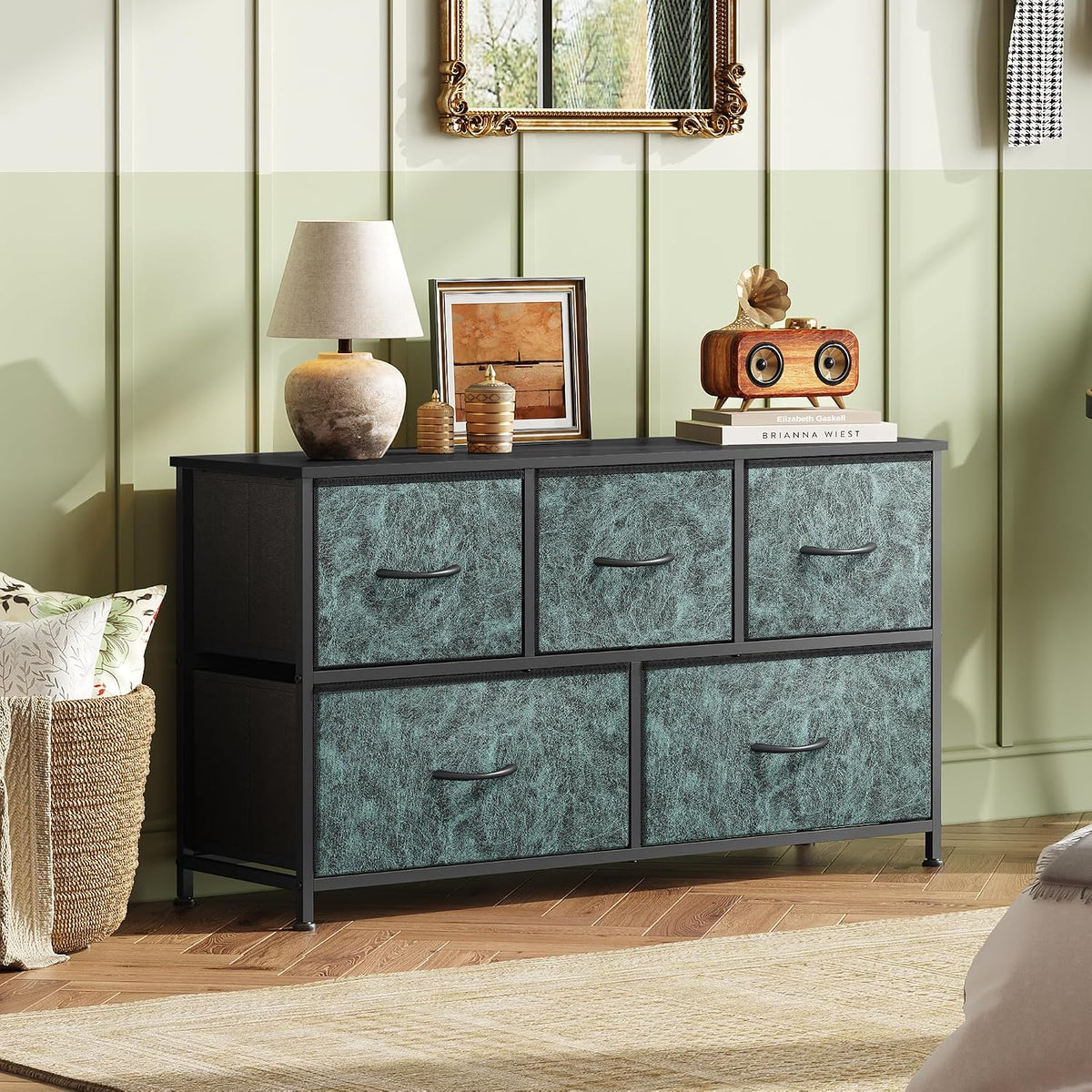 Wide Dresser for Bedroom, 5 Drawer Chest of Drawers, Dark Grey