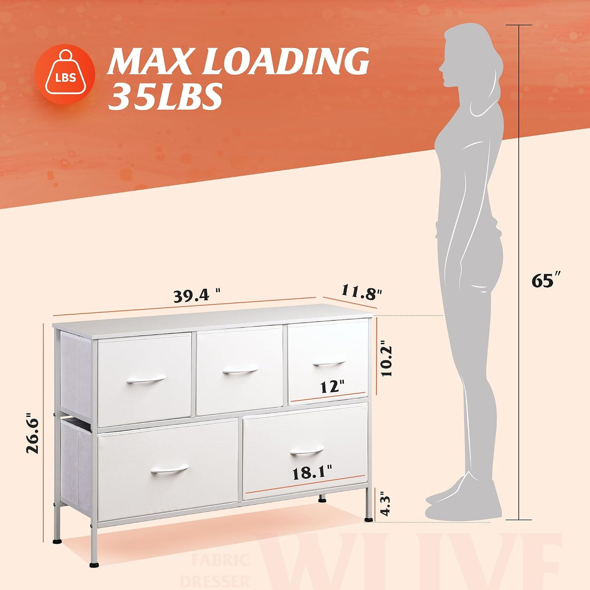 Wide Dresser for Bedroom, 5 Drawer Chest of Drawers, Dark Grey