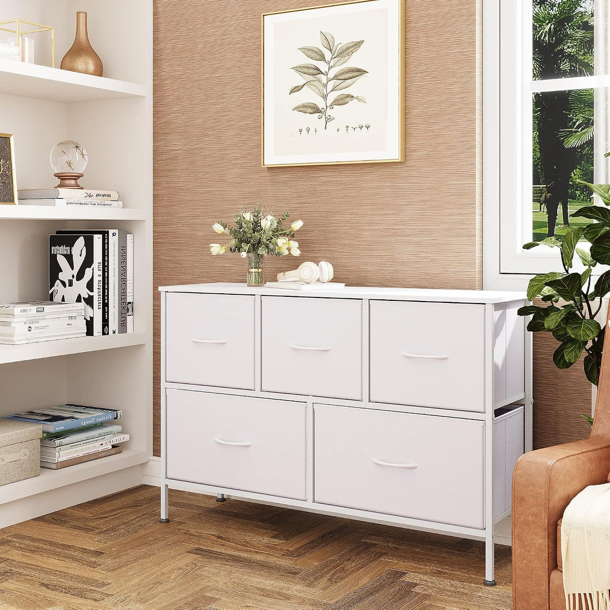 Wide Dresser for Bedroom, 5 Drawer Chest of Drawers, Dark Grey
