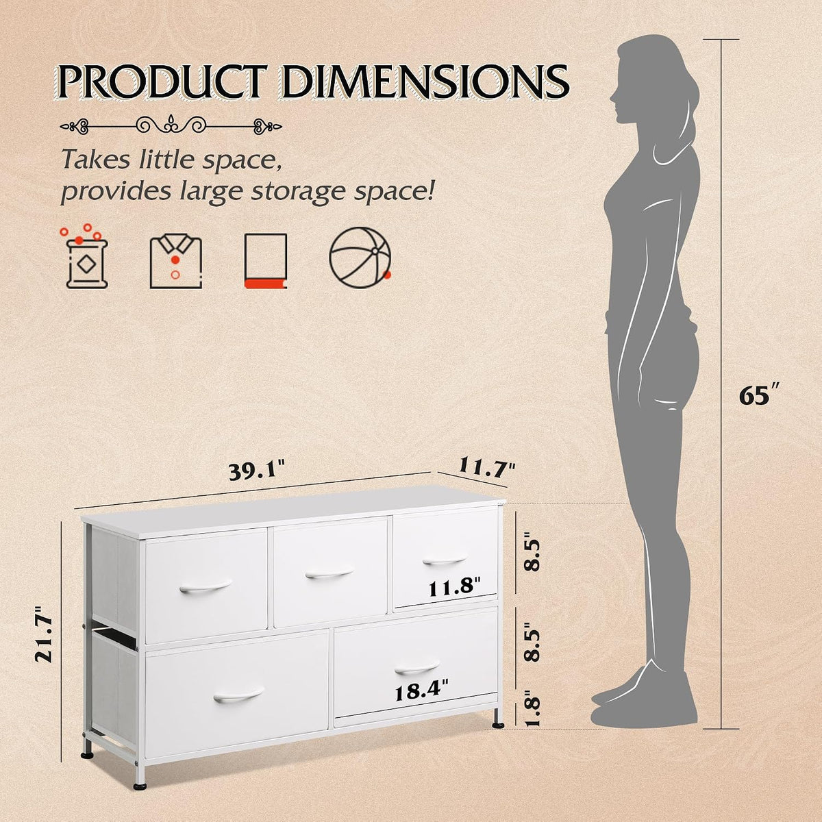 Wide Dresser for Bedroom, 5 Drawer Chest of Drawers, Dark Grey