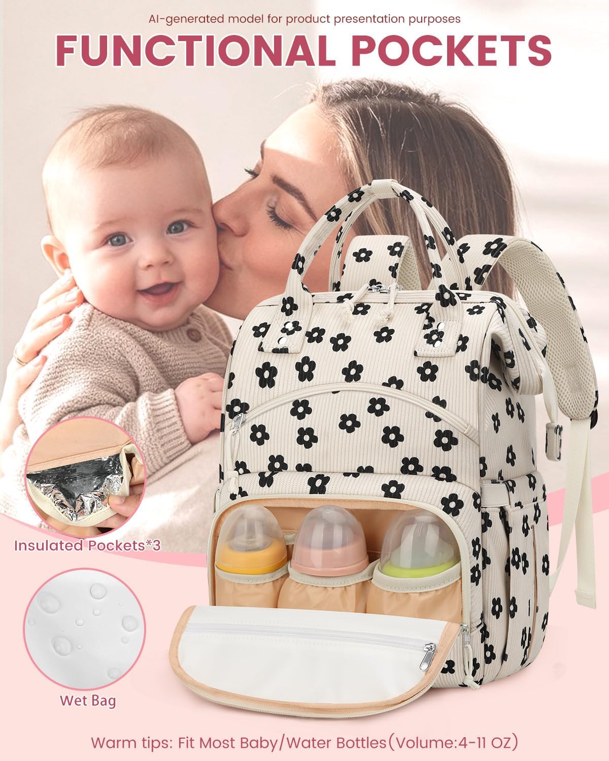 Corduroy Diaper Backpack for Mom,Travel Baby Diaper Bag for Girls&Boys
