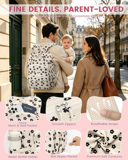 Corduroy Diaper Backpack for Mom,Travel Baby Diaper Bag for Girls&Boys