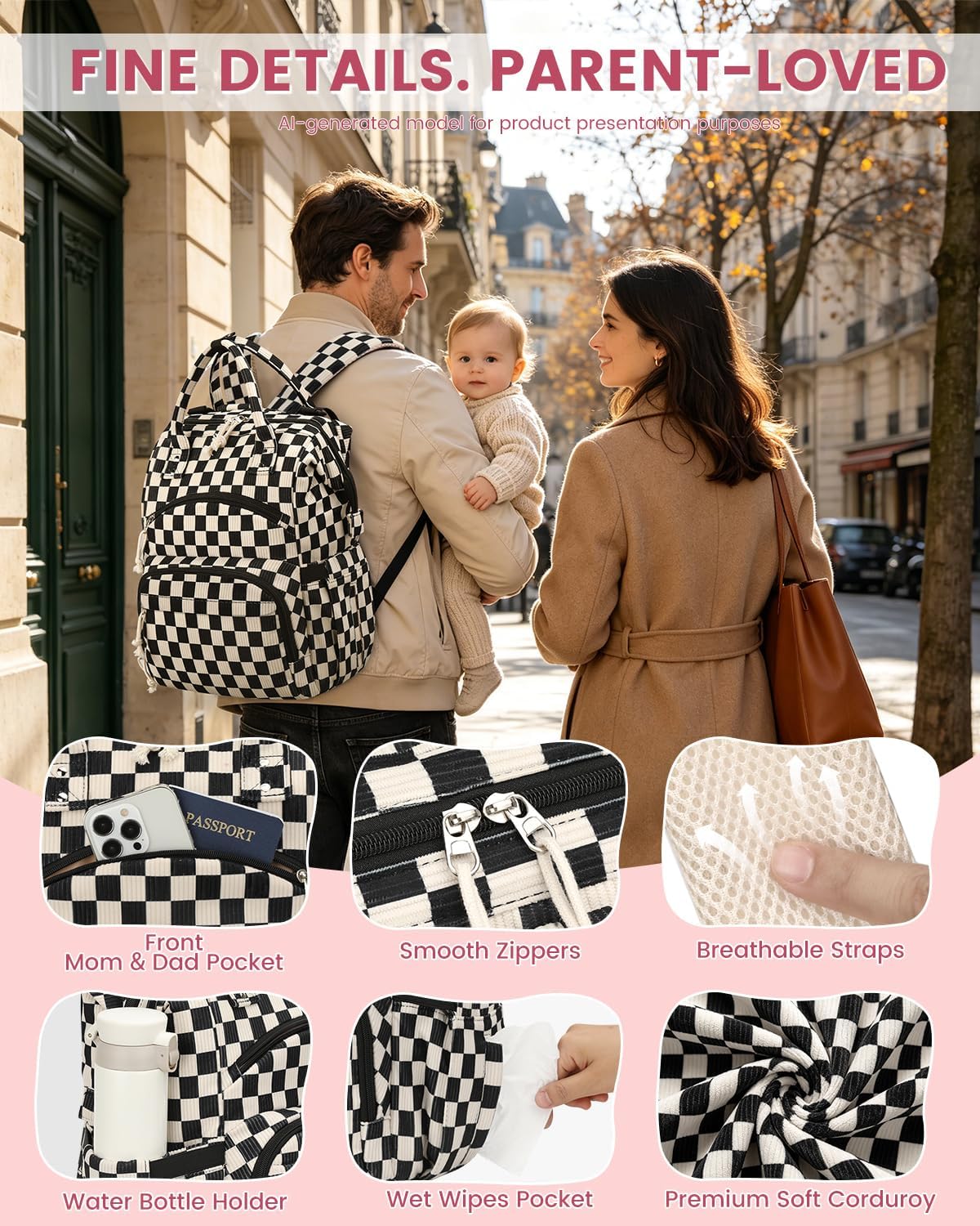 Corduroy Diaper Backpack for Mom,Travel Baby Diaper Bag for Girls&Boys