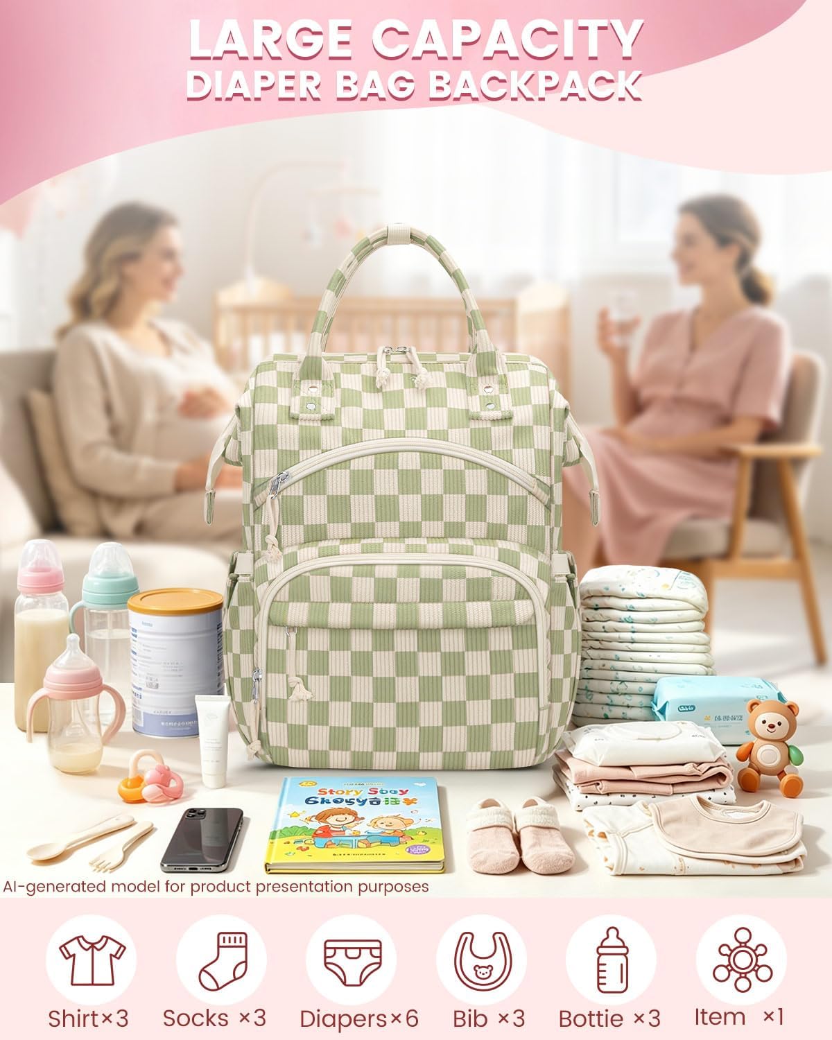 Corduroy Diaper Backpack for Mom,Travel Baby Diaper Bag for Girls&Boys