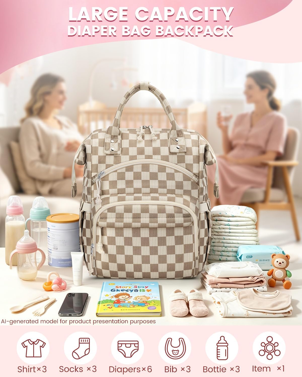 Corduroy Diaper Backpack for Mom,Travel Baby Diaper Bag for Girls&Boys