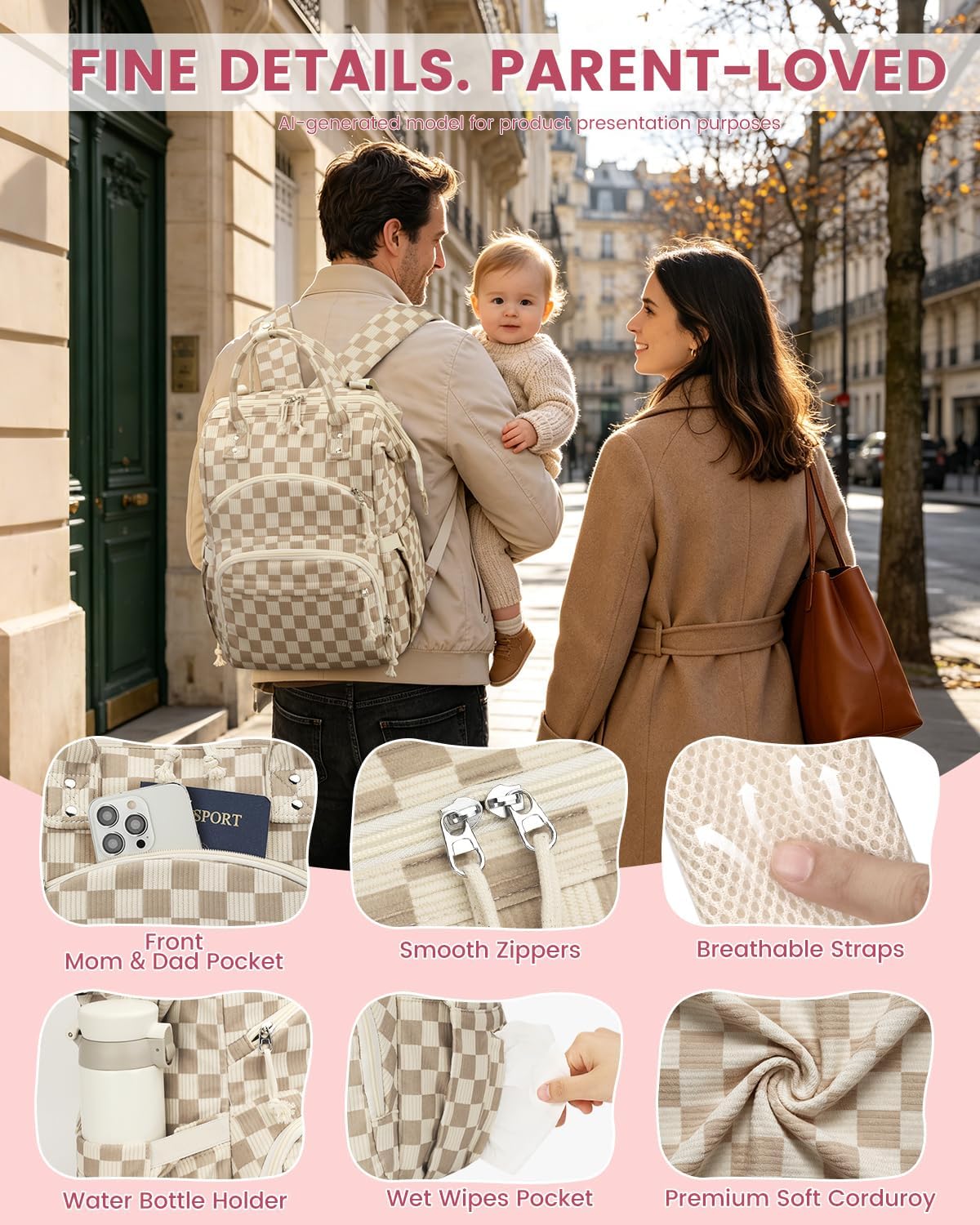 Corduroy Diaper Backpack for Mom,Travel Baby Diaper Bag for Girls&Boys