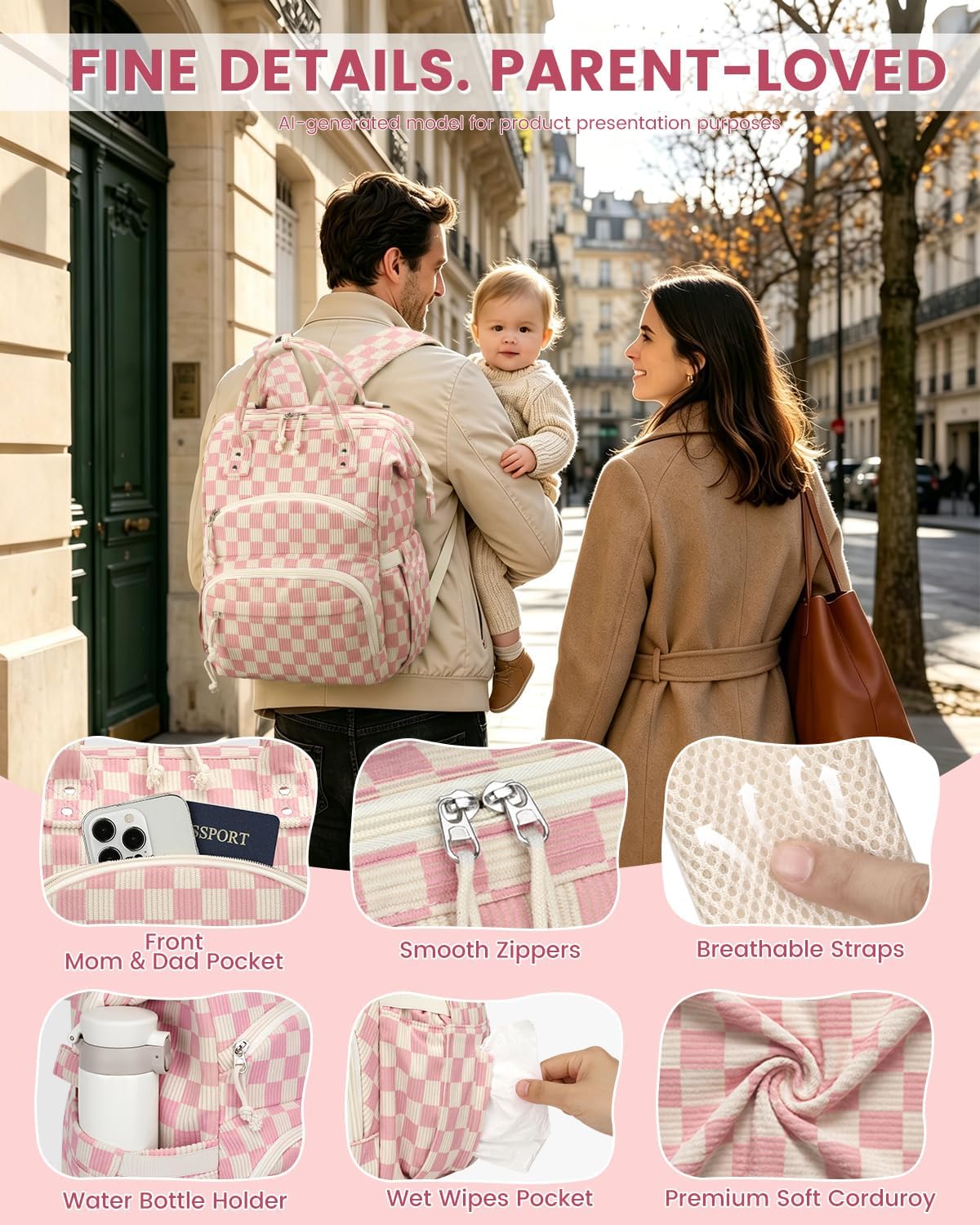 Corduroy Diaper Backpack for Mom,Travel Baby Diaper Bag for Girls&Boys