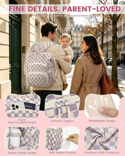 Corduroy Diaper Backpack for Mom,Travel Baby Diaper Bag for Girls&Boys