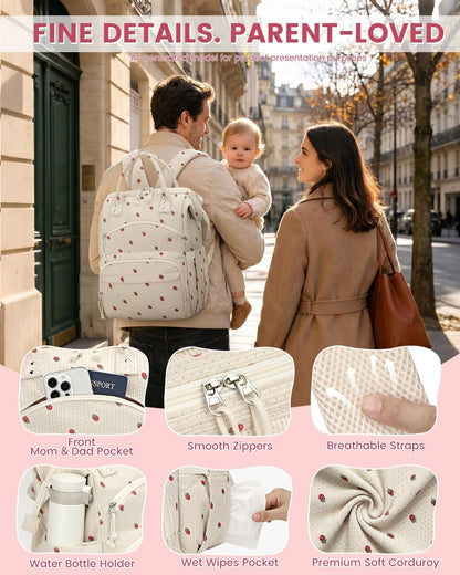 Corduroy Diaper Backpack for Mom,Travel Baby Diaper Bag for Girls&Boys