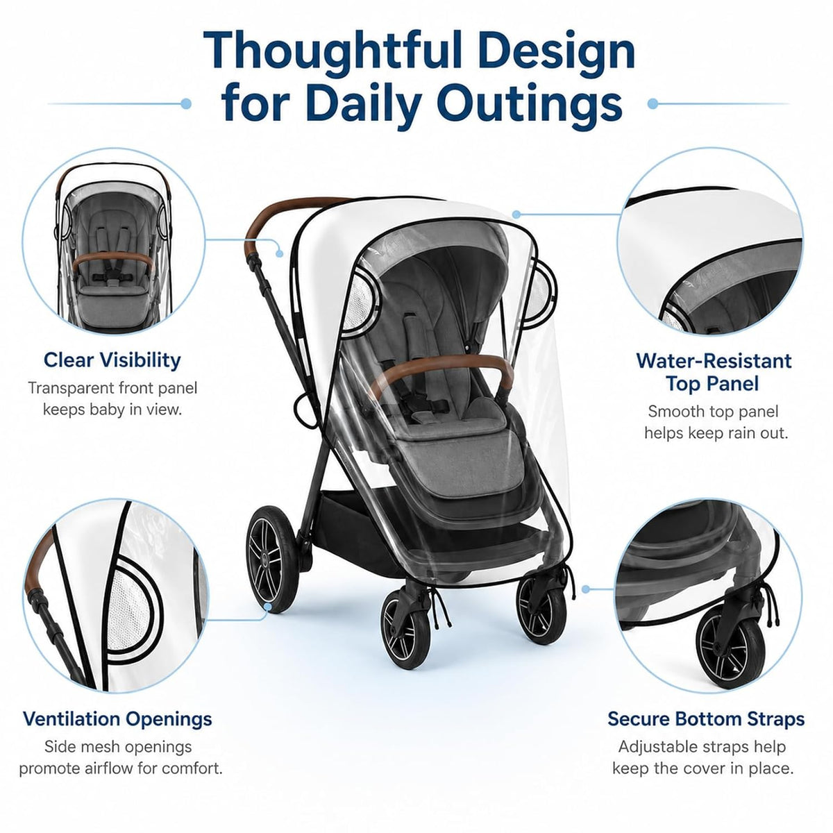 Stroller Rain Cover Compatible with Nuna Strollers, Clear Waterproof Windproof Baby Weather Shield, Breathable Stroller Cover for Rain Snow Dust, Foldable Travel Accessory