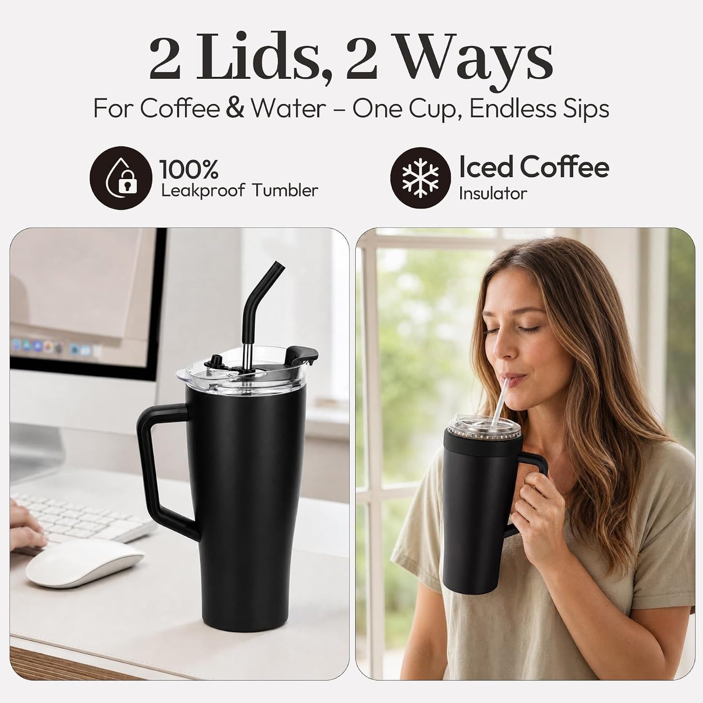 28 oz Iced Coffee Tumbler with Leak-Proof Lid – Stainless Steel Vacuum Insulated Travel Mug & Sleeve, Keeps Drinks Hot or Cold (Latte)