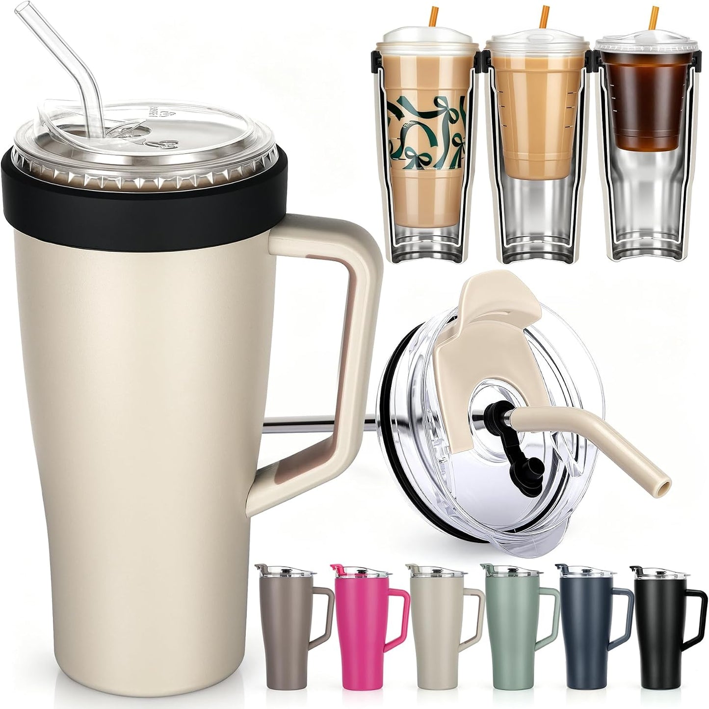 28 oz Iced Coffee Tumbler with Leak-Proof Lid – Stainless Steel Vacuum Insulated Travel Mug & Sleeve, Keeps Drinks Hot or Cold (Latte)
