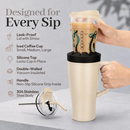 28 oz Iced Coffee Tumbler with Leak-Proof Lid – Stainless Steel Vacuum Insulated Travel Mug & Sleeve, Keeps Drinks Hot or Cold (Latte)