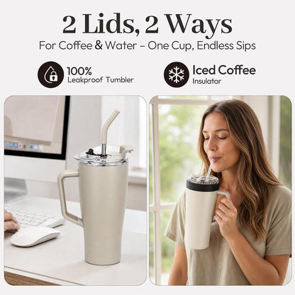 28 oz Iced Coffee Tumbler with Leak-Proof Lid – Stainless Steel Vacuum Insulated Travel Mug & Sleeve, Keeps Drinks Hot or Cold (Latte)