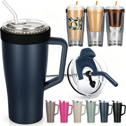 28 oz Iced Coffee Tumbler with Leak-Proof Lid – Stainless Steel Vacuum Insulated Travel Mug & Sleeve, Keeps Drinks Hot or Cold (Latte)