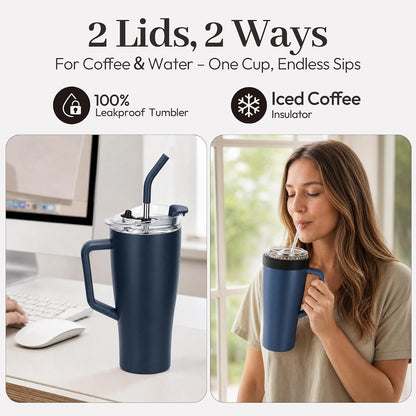 28 oz Iced Coffee Tumbler with Leak-Proof Lid – Stainless Steel Vacuum Insulated Travel Mug & Sleeve, Keeps Drinks Hot or Cold (Latte)