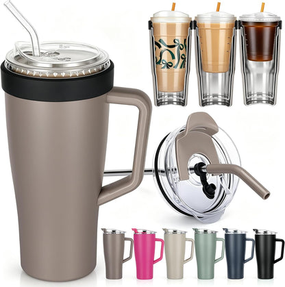 28 oz Iced Coffee Tumbler with Leak-Proof Lid – Stainless Steel Vacuum Insulated Travel Mug & Sleeve, Keeps Drinks Hot or Cold (Latte)