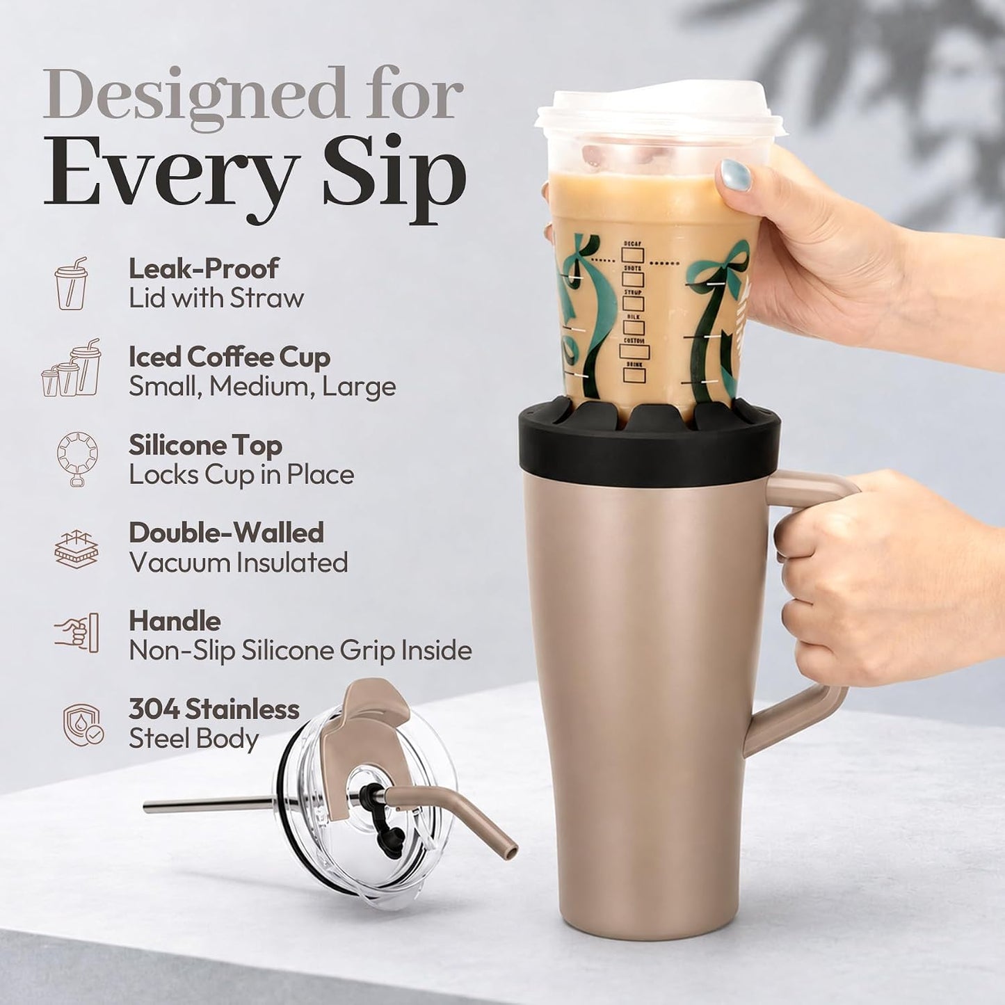 28 oz Iced Coffee Tumbler with Leak-Proof Lid – Stainless Steel Vacuum Insulated Travel Mug & Sleeve, Keeps Drinks Hot or Cold (Latte)