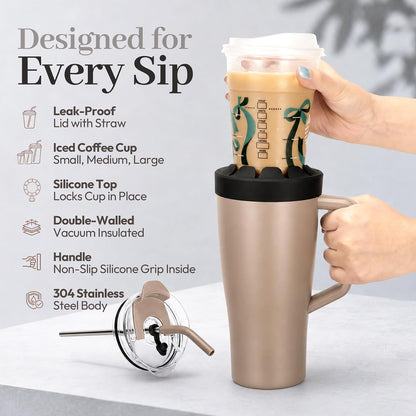 28 oz Iced Coffee Tumbler with Leak-Proof Lid – Stainless Steel Vacuum Insulated Travel Mug & Sleeve, Keeps Drinks Hot or Cold (Latte)