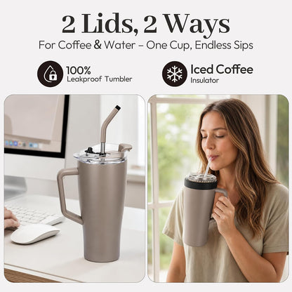28 oz Iced Coffee Tumbler with Leak-Proof Lid – Stainless Steel Vacuum Insulated Travel Mug & Sleeve, Keeps Drinks Hot or Cold (Latte)