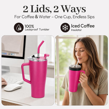 28 oz Iced Coffee Tumbler with Leak-Proof Lid – Stainless Steel Vacuum Insulated Travel Mug & Sleeve, Keeps Drinks Hot or Cold (Latte)