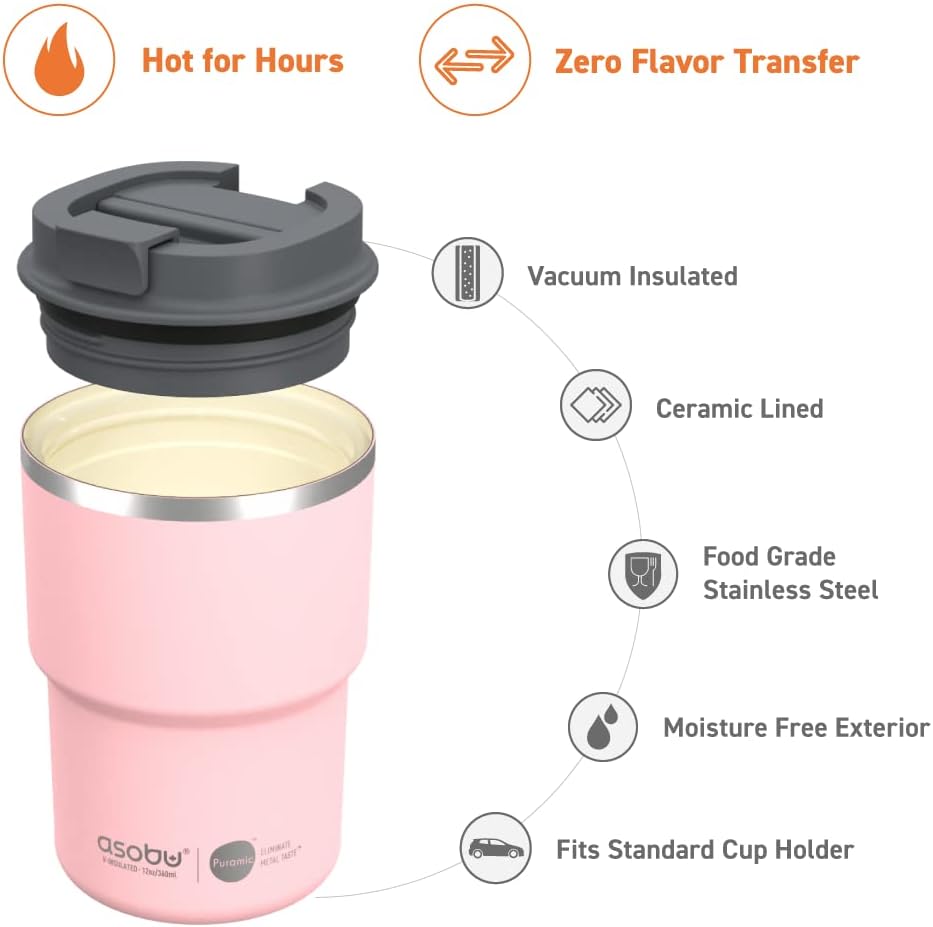 Ultimate Ceramic Travel Mug, 12oz Insulated Stainless Steel Coffee Cup with Handle & Splash-Resistant Lid, Ceramic Lined for Pure Taste, BPA-Free, Double-Wall Vacuum for Hot Drinks