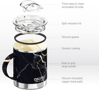 Ultimate Ceramic Travel Mug, 12oz Insulated Stainless Steel Coffee Cup with Handle & Splash-Resistant Lid, Ceramic Lined for Pure Taste, BPA-Free, Double-Wall Vacuum for Hot Drinks