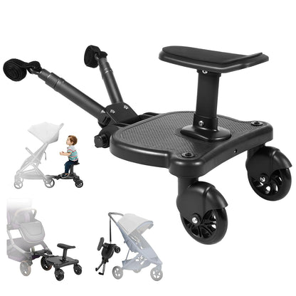 Universal Stroller Board Riding Attachment with Seat, 2-in-1 Stroller Ride-On Board for Toddler, Removable Seat, Adjustable for Most Strollers