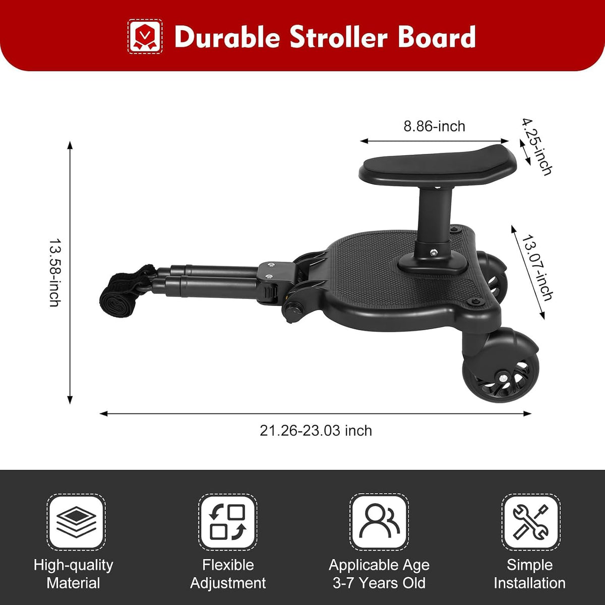 Universal Stroller Board Riding Attachment with Seat, 2-in-1 Stroller Ride-On Board for Toddler, Removable Seat, Adjustable for Most Strollers