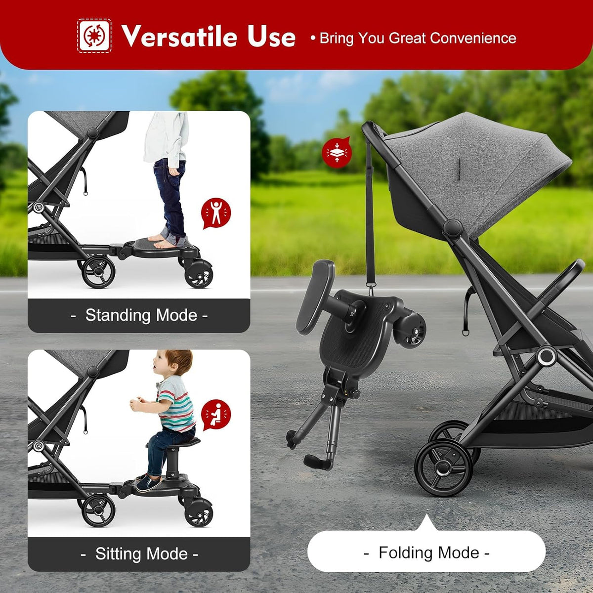 Universal Stroller Board Riding Attachment with Seat, 2-in-1 Stroller Ride-On Board for Toddler, Removable Seat, Adjustable for Most Strollers
