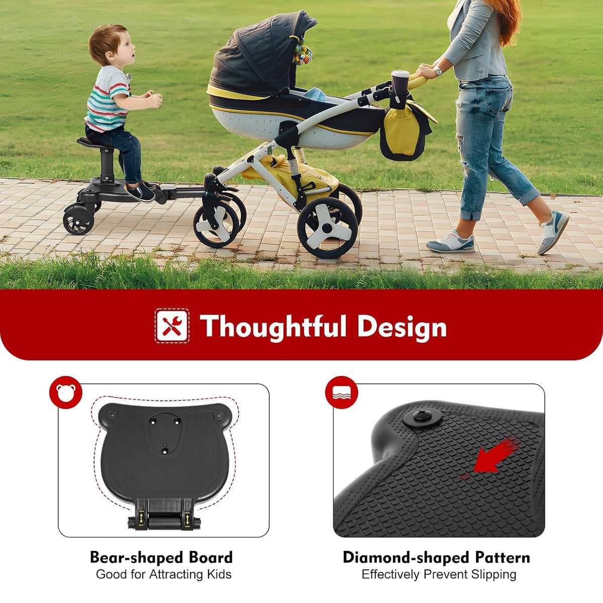 Universal Stroller Board Riding Attachment with Seat, 2-in-1 Stroller Ride-On Board for Toddler, Removable Seat, Adjustable for Most Strollers