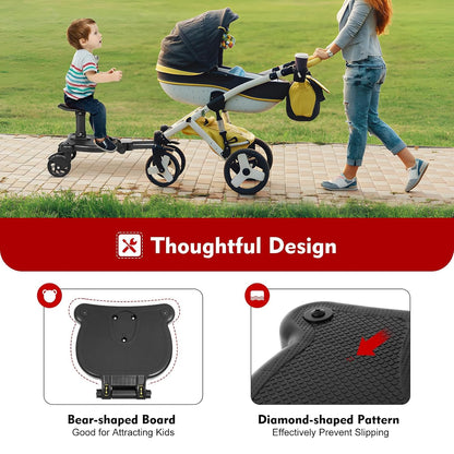 Universal Stroller Board Riding Attachment with Seat, 2-in-1 Stroller Ride-On Board for Toddler, Removable Seat, Adjustable for Most Strollers