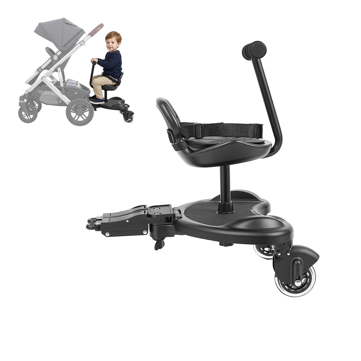 Universal Stroller Board Riding Attachment with Seat, 2-in-1 Stroller Ride-On Board for Toddler, Removable Seat, Adjustable for Most Strollers