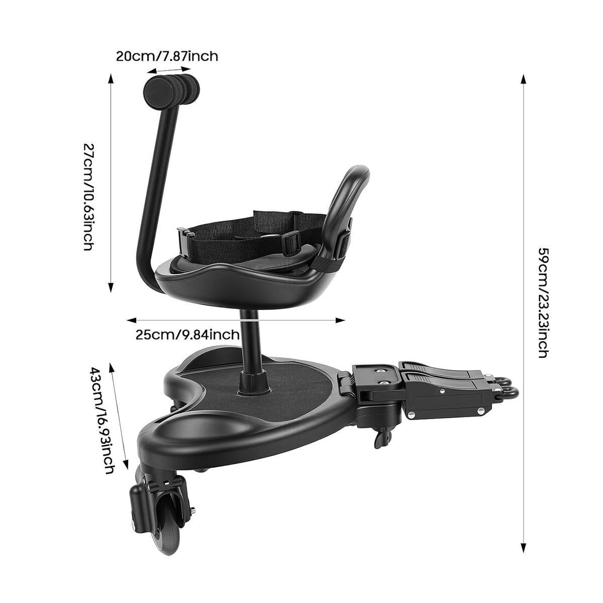 Universal Stroller Board Riding Attachment with Seat, 2-in-1 Stroller Ride-On Board for Toddler, Removable Seat, Adjustable for Most Strollers
