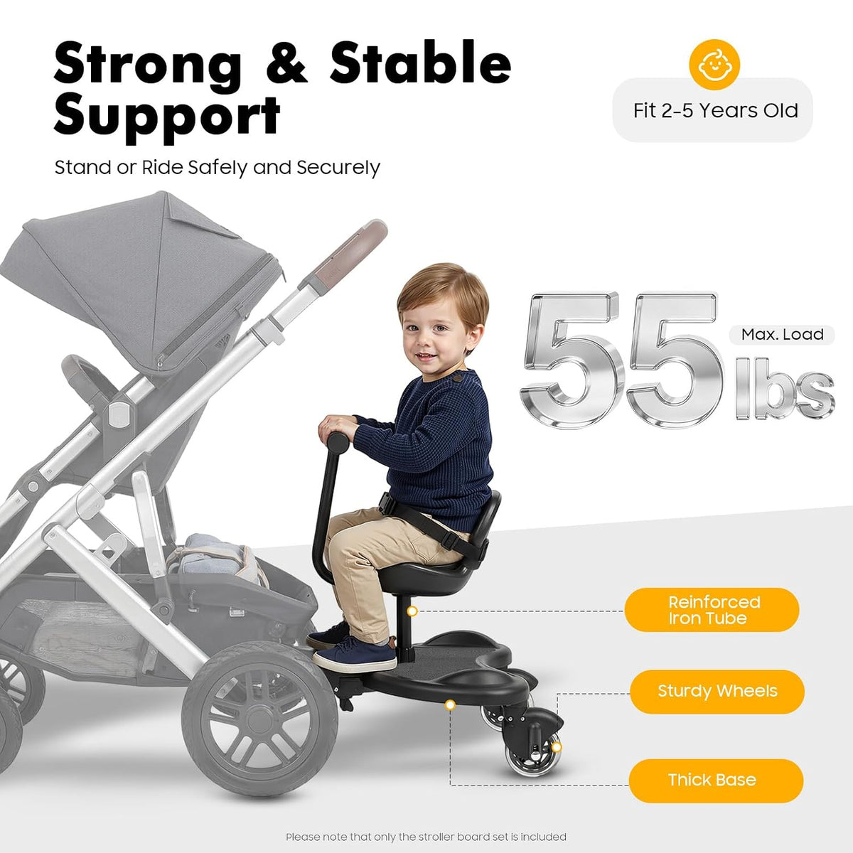Universal Stroller Board Riding Attachment with Seat, 2-in-1 Stroller Ride-On Board for Toddler, Removable Seat, Adjustable for Most Strollers